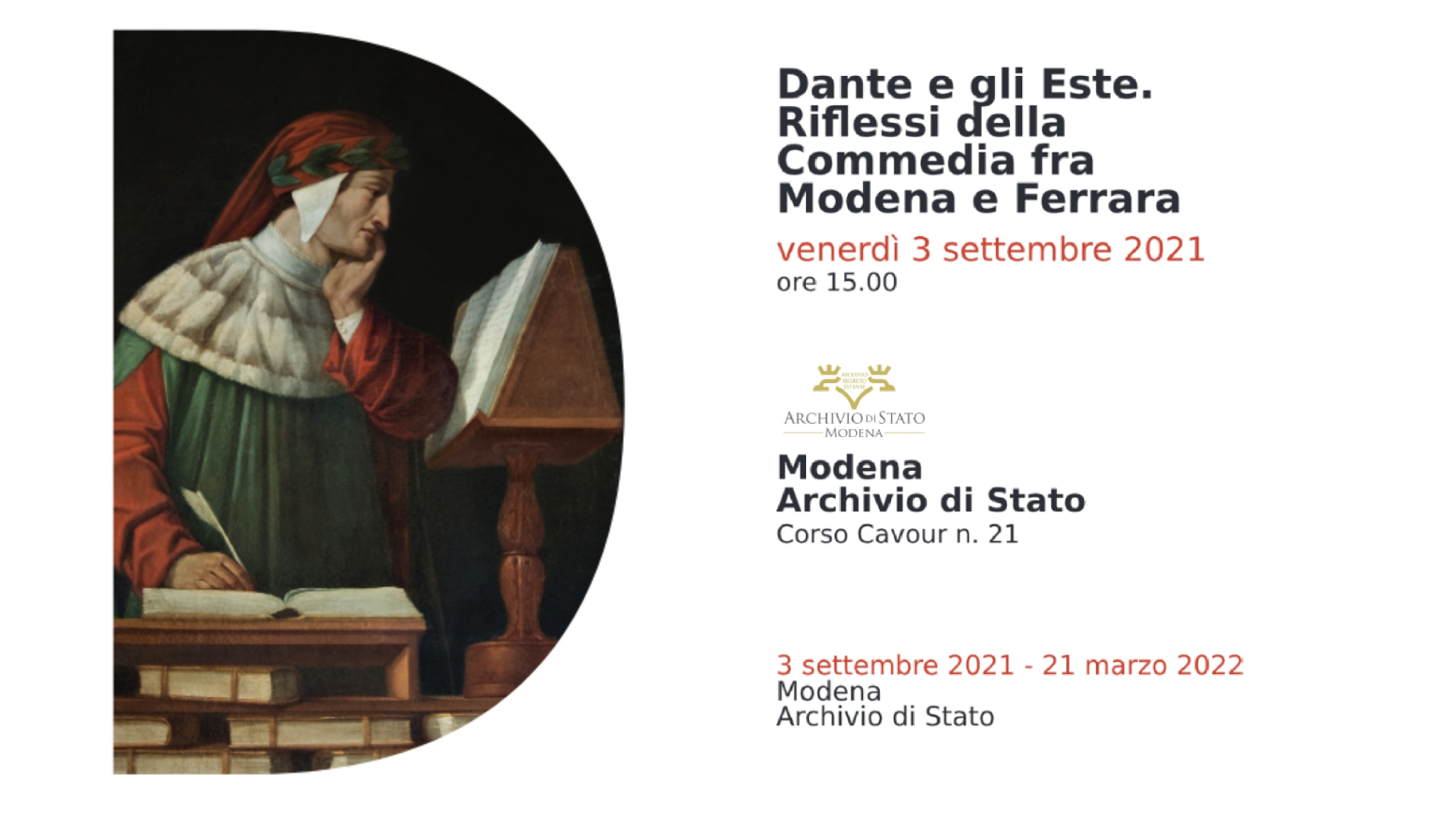 Mostre dantesche in Archivio di Stato di Modena - Calendario degli appuntamenti tematici per i mesi di novembre e dicembre 2021